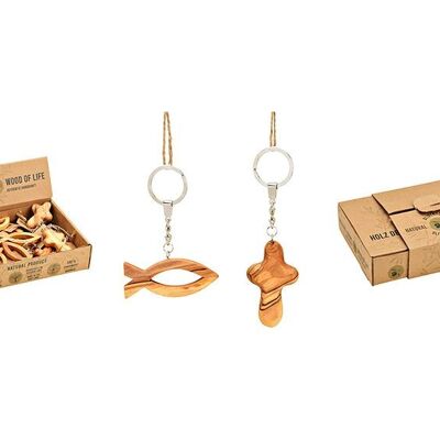 Porte-clés poisson/croix, 2 assortis, fait main en bois d'olivier, en présentoir