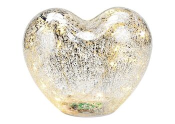 Coeur avec 20 LED avec minuterie en verre argenté (L/H/P) 18x15x11cm