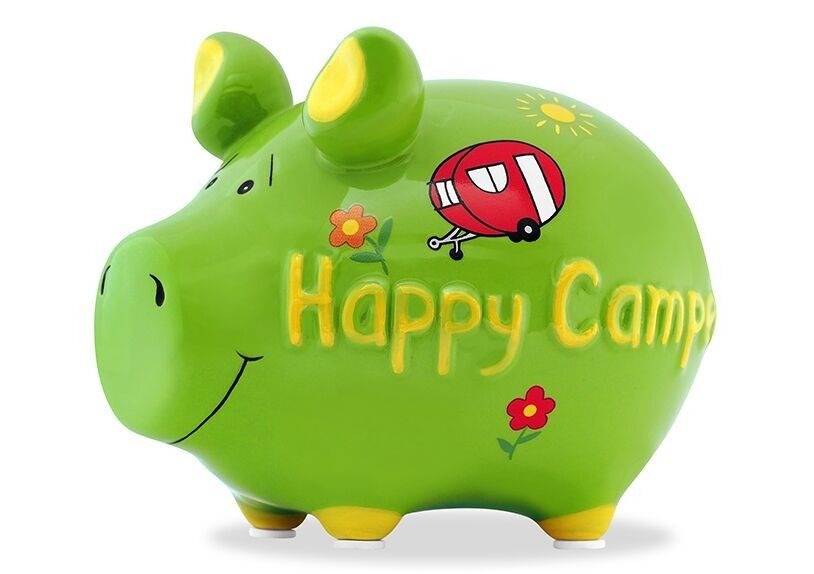 Salvadanaio KCG maialino Happy Camper in ceramica verde (L/A/P) 12,5x9x9 cm