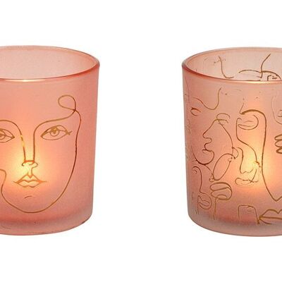 Windlicht Gesicht Dekor aus Glas Pink/Rosa 2-fach, (B/H/T) 7x8x7cm