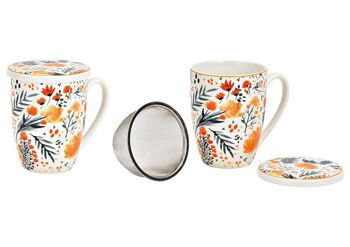 Tasse à thé à décor floral, avec passoire métallique en porcelaine, colorée (L/H/P) 12x11x9cm 300ml