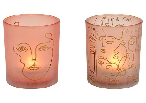 Windlicht Gesicht Dekor aus Glas Pink/Rosa 2-fach, (B/H/T) 9x10x9cm