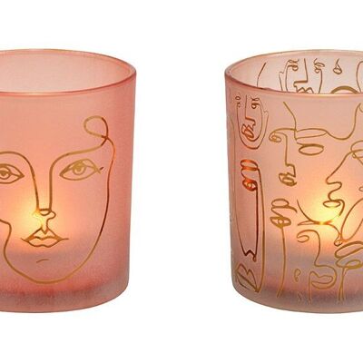 Windlicht Gesicht Dekor aus Glas Pink/Rosa 2-fach, (B/H/T) 9x10x9cm