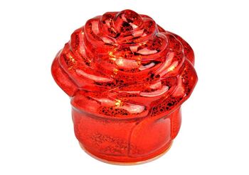 Rose avec 7 LED, minuterie en verre rouge (L/H/P) 10x11x10cm