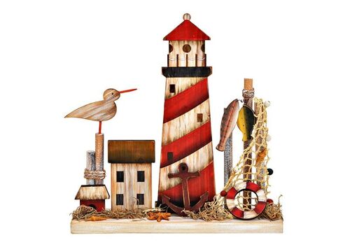 Aufsteller Leuchtturm, Maritim aus Holz Bunt (B/H/T) 27x28x7cm