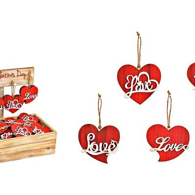 Corazón colgante de madera rojo 4 veces, (An/Al/Pr) 9x8x1cm 72 piezas. en caja expositora 33x32x21cm
