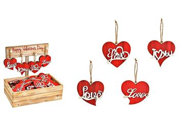 Coeur suspendu en bois rouge 4 fois, (L/H/P) 9x8x1cm 72 pièces. sur boîte présentoir 33x32x21cm