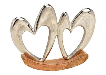 Support cœur pivotant sur socle en bois de manguier en métal argenté (L/H/P) 19x14x3cm