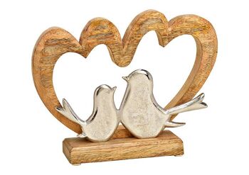 Coeur debout, oiseau en bois de manguier, métal marron (L/H/P) 26x20x6cm