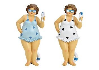 Femme en maillot de bain en poly bleu, blanc 2 plis, (L/H/P) 9x21x7cm