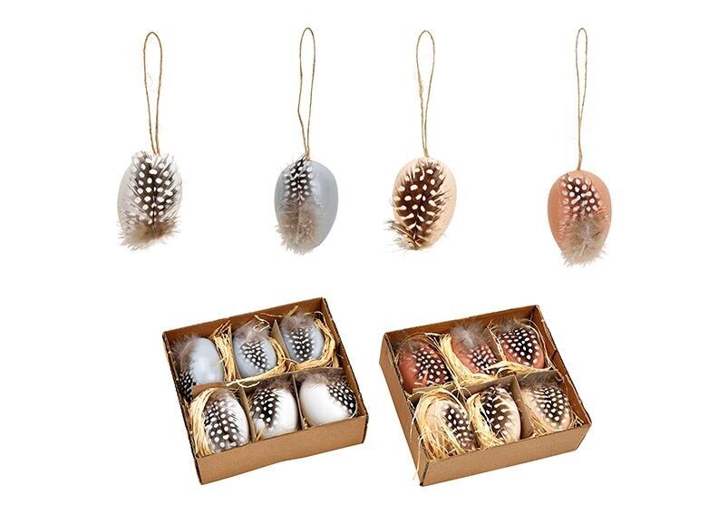 Juego de huevos de Pascua colgantes 4x6x4cm de plástico natural con plumas, juego de 6, 2 pliegues, (An/Al/Pr) 14x13x5cm