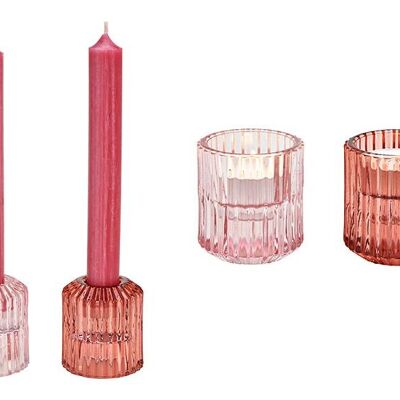Teelichthalter, Kerzenhalter Doppelfunktion aus Glas Pink/Rosa 2-fach, (B/H/T) 5x6x5cm