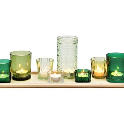 Set lanterne in vetro verde, set da 9, 8 lanterne su vassoio in legno (L/A/P) 50x15x15 cm