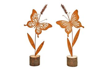 Papillon sur tronc en bois, finition rouillée en métal marron, 2 fois, (L/H/P) 17x31x5cm