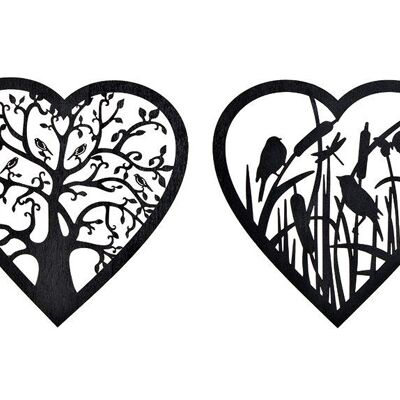 Decoración de pared árbol con forma de corazón, decoración de pájaros de madera negra, 2 pliegues, Ø20cm