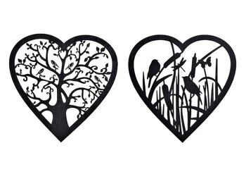 Décoration murale arbre coeur, décor oiseau en bois noir 2 fois, Ø20cm