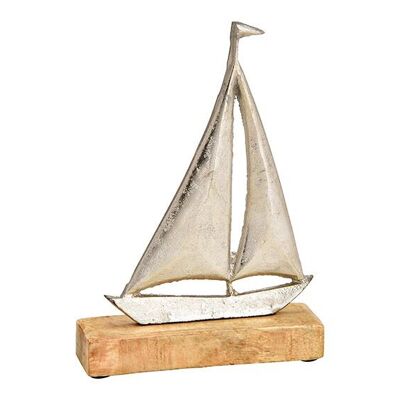 Barca a vela da esposizione su base in legno di mango in metallo argento (L/A/P) 16x21x5 cm