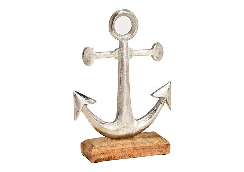 Anchor stand on mango wood base made of metal silver (W/H/D) 16x22x5cm