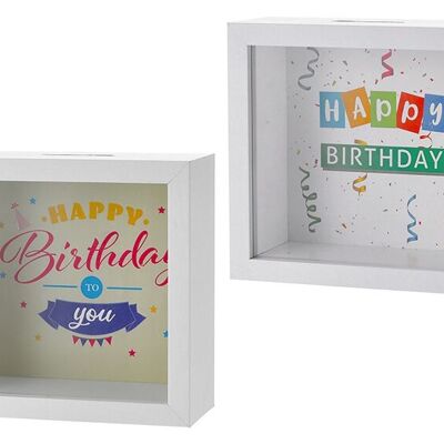 Salvadanaio compleanno in MDF, vetro in legno bianco, 2 scomparti, (L/A/P) 14x14x6 cm