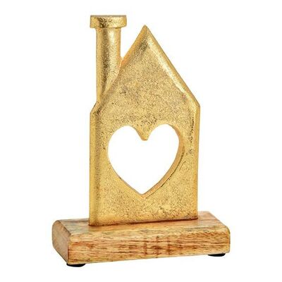 Aufsteller Haus auf Mangoholz Sockel aus Metall Gold (B/H/T) 12x17x5cm