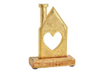 Support de maison sur socle en bois de manguier en métal doré (L/H/P) 12x17x5cm