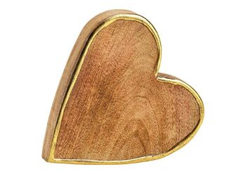 Coeur avec bord doré en bois de manguier naturel (L/H/P) 14x15x4cm