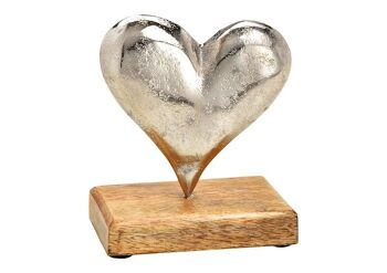 Support coeur sur socle en bois de manguier en métal argenté (L/H/P) 11x13x7cm