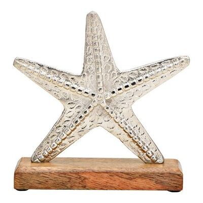 Soporte de estrella de mar sobre base de madera de mango y metal plateado (An/Al/Pr) 18x18x5cm