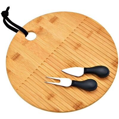 Planche à fromage avec 2 couteaux à fromage en bambou, plastique, métal naturel, lot de 3, Ø28cm