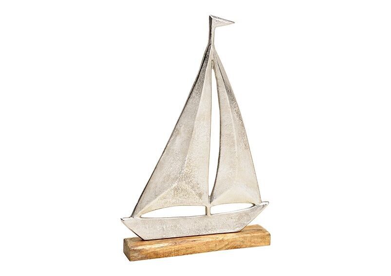 Standing sailboat on mango wood base made of metal silver (W/H/D) 27x40x5cm