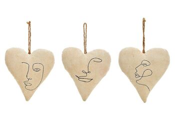 Coeur suspendu, décoration visage en textile beige, 3 fois, (L/H/P) 16x18x7cm