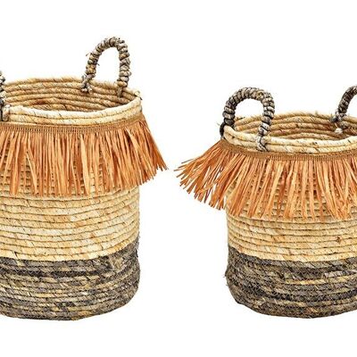 Juego de cestas con asa de hojas de maíz de material natural marrón, juego de 2, (ancho/alto/fondo) 30x39x30cm 26x34x26cm