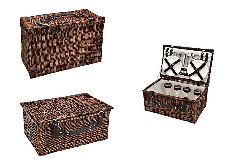 Cesta de picnic para 2 personas de mimbre blanco, 11 piezas, (An/Al/Pr) 39x29x19cm