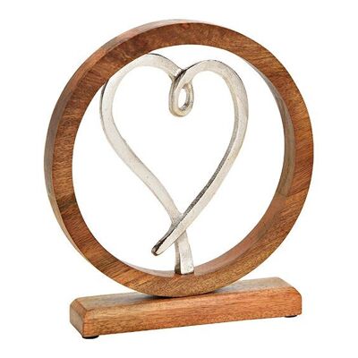 Supporto a cuore in legno di mango, cerchio in metallo argento (L/A/P) 24x27x5 cm