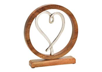 Support coeur en cercle de bois de manguier en métal argenté (L/H/P) 24x27x5cm