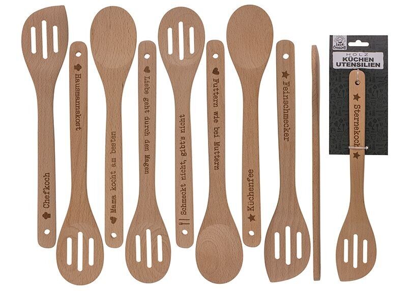 Scritte per utensili da cucina circa 30 cm, 3 forme in legno naturale, 9 volte