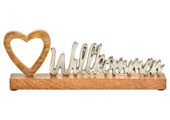Inscription, bienvenue, décor cœur sur socle en bois de manguier en métal argenté (L/H/P) 35x12x5cm
