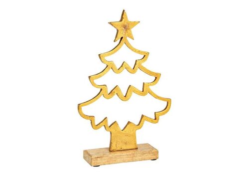 Aufsteller Tannenbaum auf Mangoholz Sockel aus Metall Gold (B/H/T) 17x26x5cm