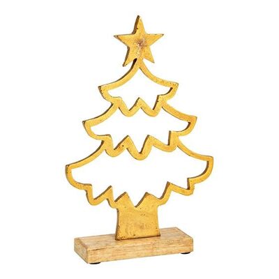 Aufsteller Tannenbaum auf Mangoholz Sockel aus Metall Gold (B/H/T) 17x26x5cm