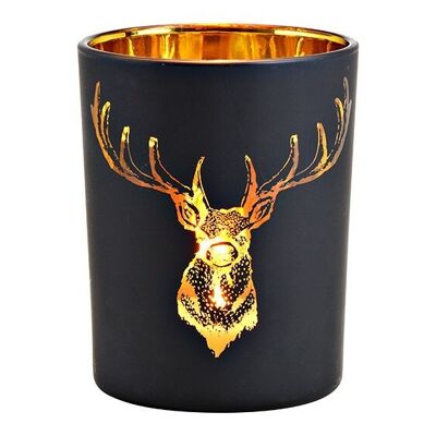 Lanterna con motivo cervo in vetro, nero e oro, Ø 10x12 cm