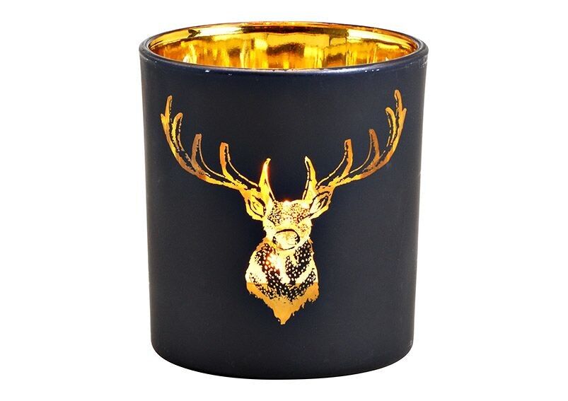 Windlicht Hirschmotiv aus Glas, Schwarz-Gold, Ø 7x8 cm