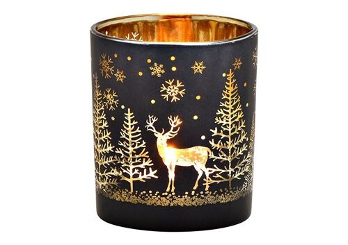 Windlicht Winterwald Dekor aus Glas Schwarz, gold (B/H/T) 7x8x7cm