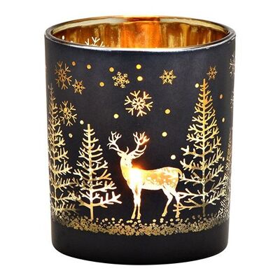 Windlicht Winterwald Dekor aus Glas Schwarz, gold (B/H/T) 7x8x7cm