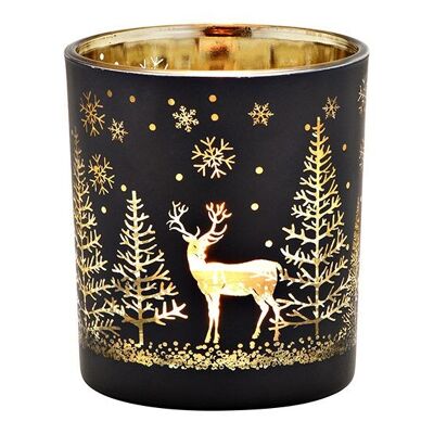 Windlicht Winterwald Dekor aus Glas Schwarz, gold (B/H/T) 9x10x9cm