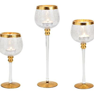 Windlicht Set Kelch cracking aus Glas Transparent, gold 3er Set, 20cm/25cm/30cm x Ø9cm