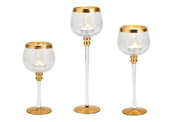 Set de lanternes calice craquelé en verre transparent, doré lot de 3, 20cm/25cm/30cm x Ø9cm
