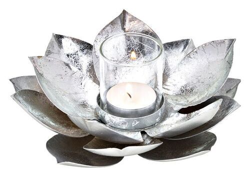 Windlicht Lotus aus Metall/Glas Silber (B/H/T) 18x8x18cm