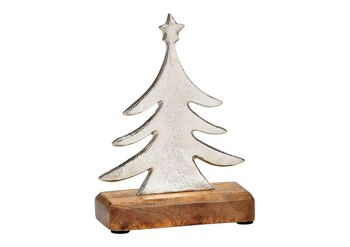 Sapin de Noël sur socle en bois de manguier en métal argenté (L/H/P) 13x17x5cm