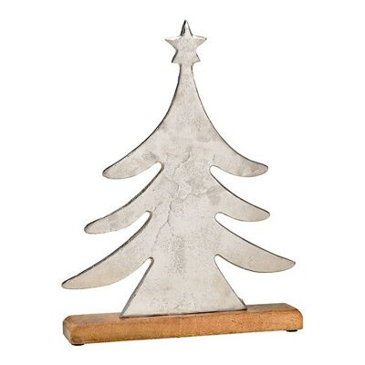 Tannenbaum auf Mangoholz Sockel aus Metall Silber (B/H/T) 28x36x5cm