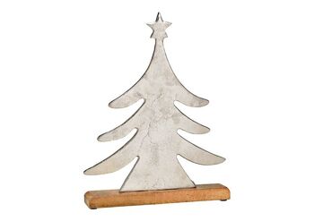 Sapin de Noël sur socle en bois de manguier en métal argenté (L/H/P) 28x36x5cm